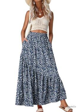 Women's High Waist Tiered A-Line Maxi Skirt with Pockets